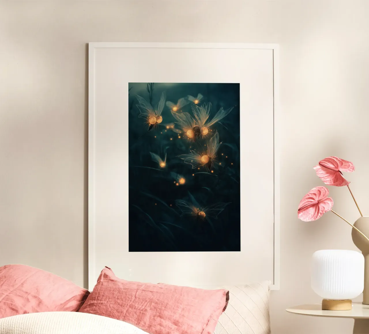 Midnight Meadow - Magical Glowing Fireflies & Flowers Print poster da Synthaira