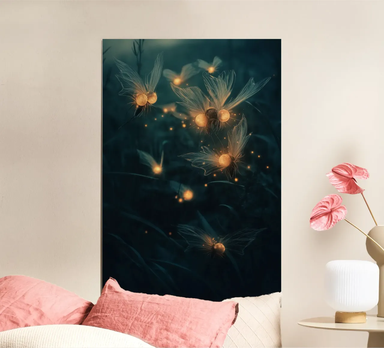 Midnight Meadow - Magical Glowing Fireflies & Flowers Print poster da Synthaira