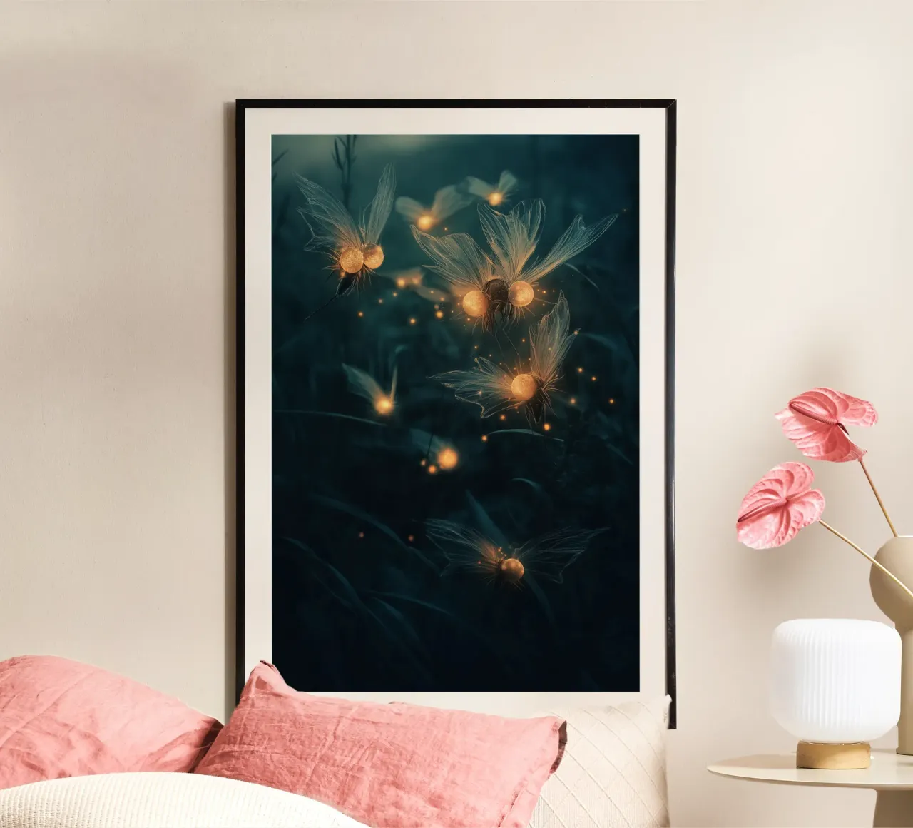 Midnight Meadow - Magical Glowing Fireflies & Flowers Print poster da Synthaira