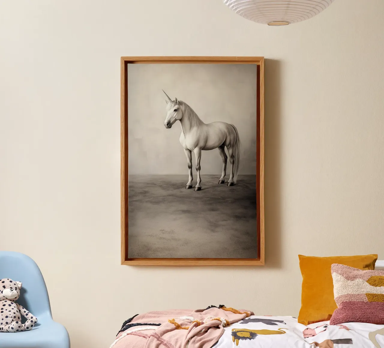 The Last Unicorn - Elegant Black & White Mythical Art Print lienzo con Marco flotante de Synthaira