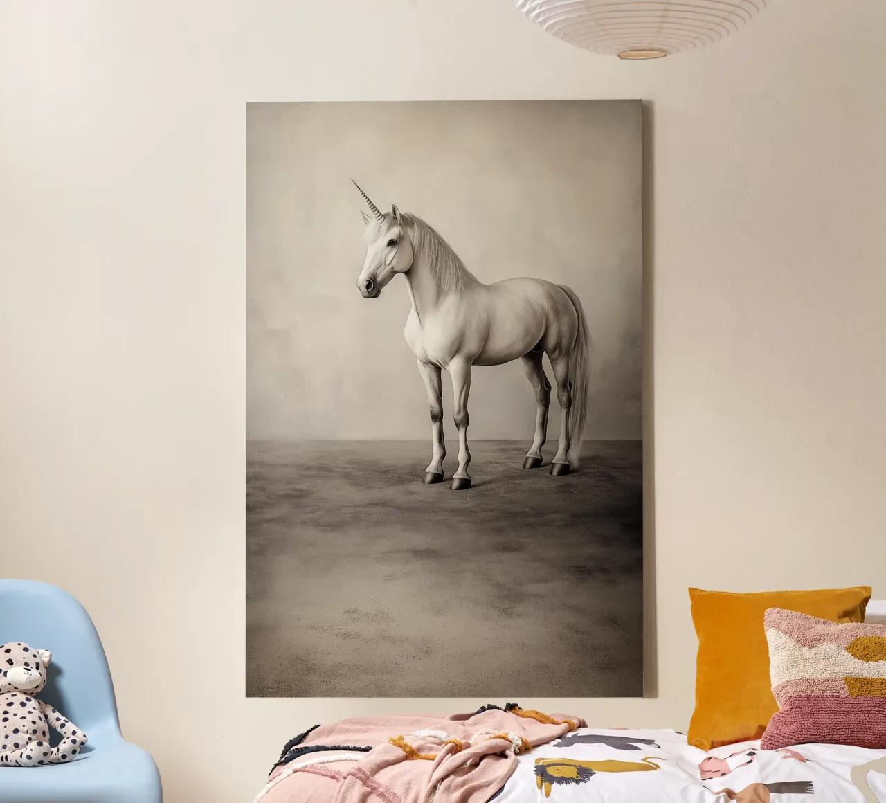 The Last Unicorn - Elegant Black & White Mythical Art Print lienzo con Marco flotante de Synthaira