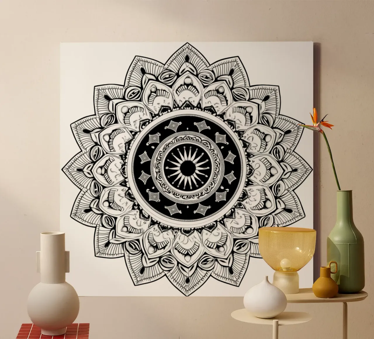 Mandala in bianco e nero tela con Cornice a cassetta da Spiritual Touch