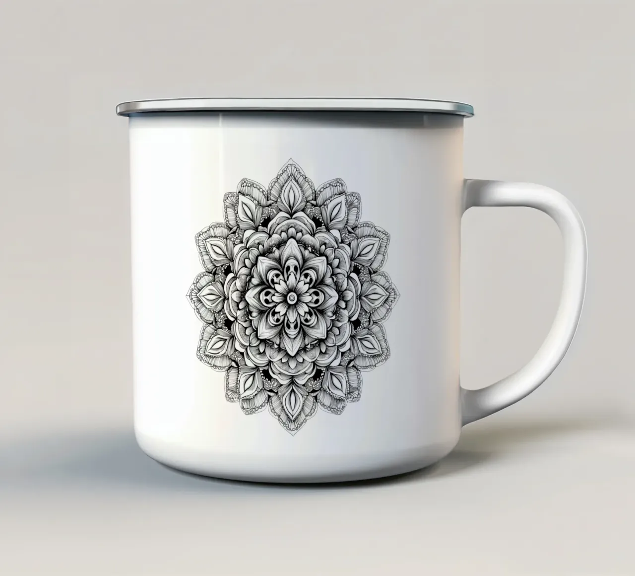 Mandala in bianco e nero tazza in smalto da Spiritual Touch