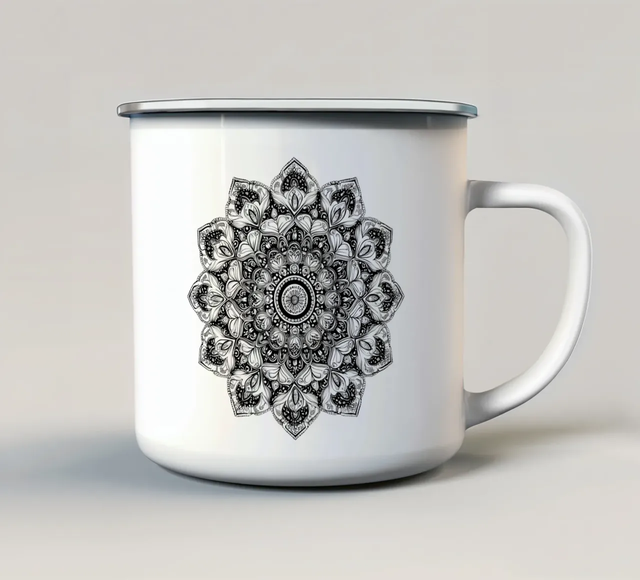 Mandala in bianco e nero tazza in smalto da Spiritual Touch