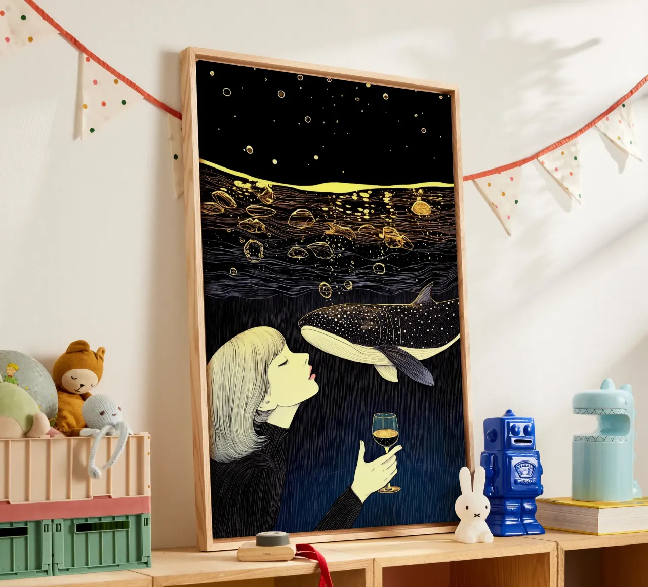 Champagne Sea - Illustrazione surreale di una balena e di una donna tela con Cornice a cassetta da Synthaira