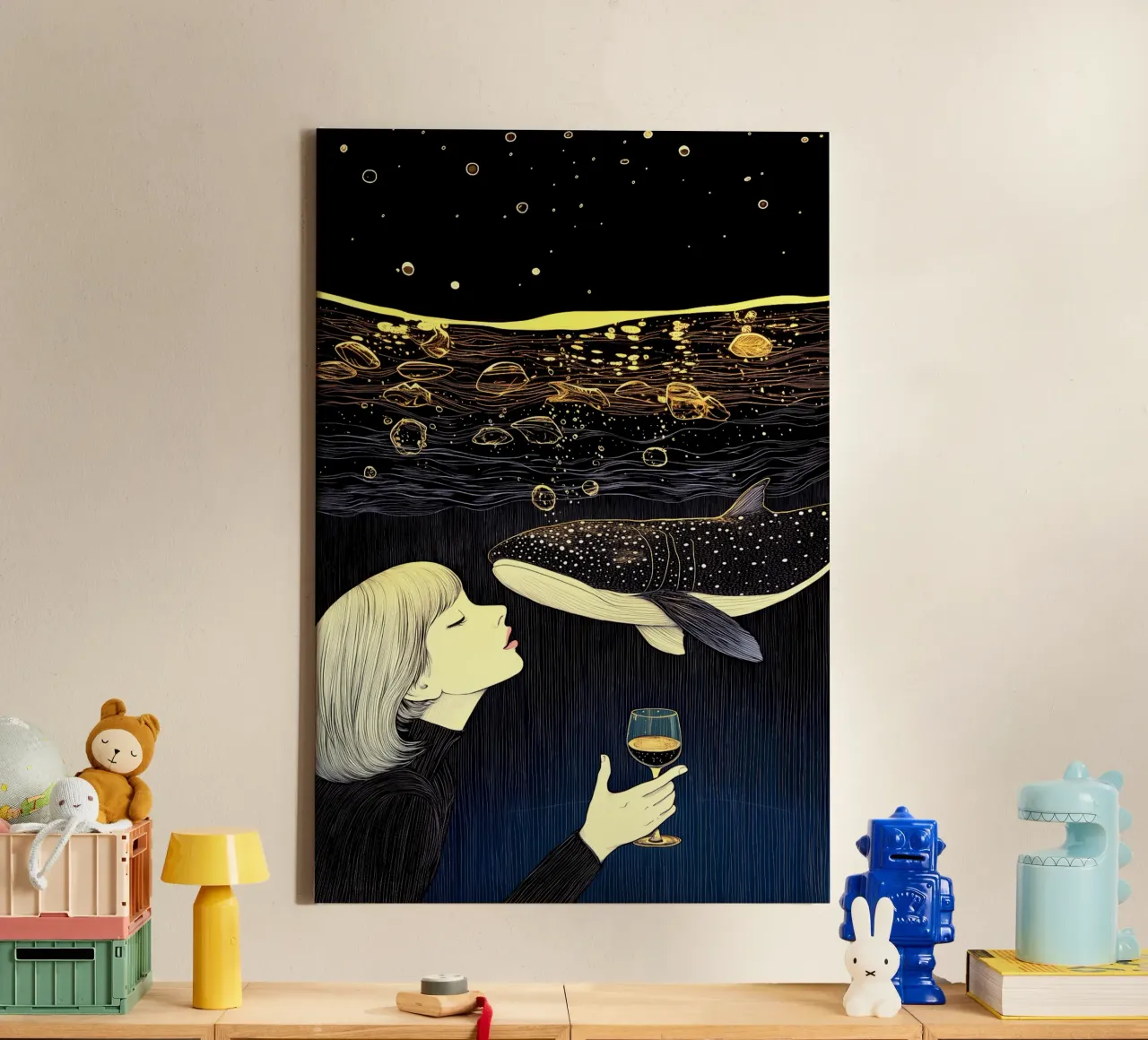 Champagne Sea - Illustrazione surreale di una balena e di una donna tela con Cornice a cassetta da Synthaira