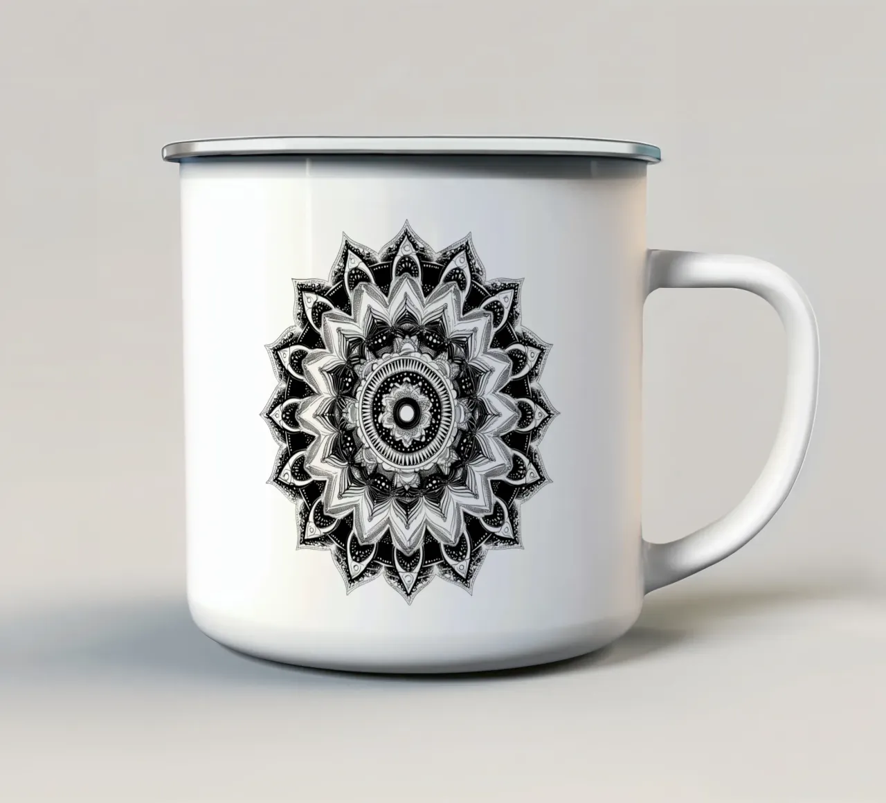 Mandala in bianco e nero tazza in smalto da Spiritual Touch