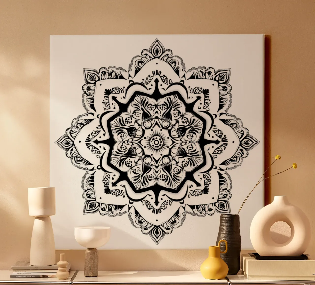 Mandala in bianco e nero tela con Cornice a cassetta da Spiritual Touch