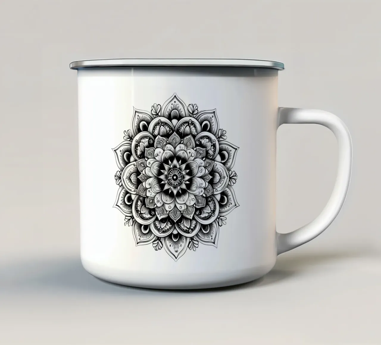 Mandala in bianco e nero tazza in smalto da Spiritual Touch
