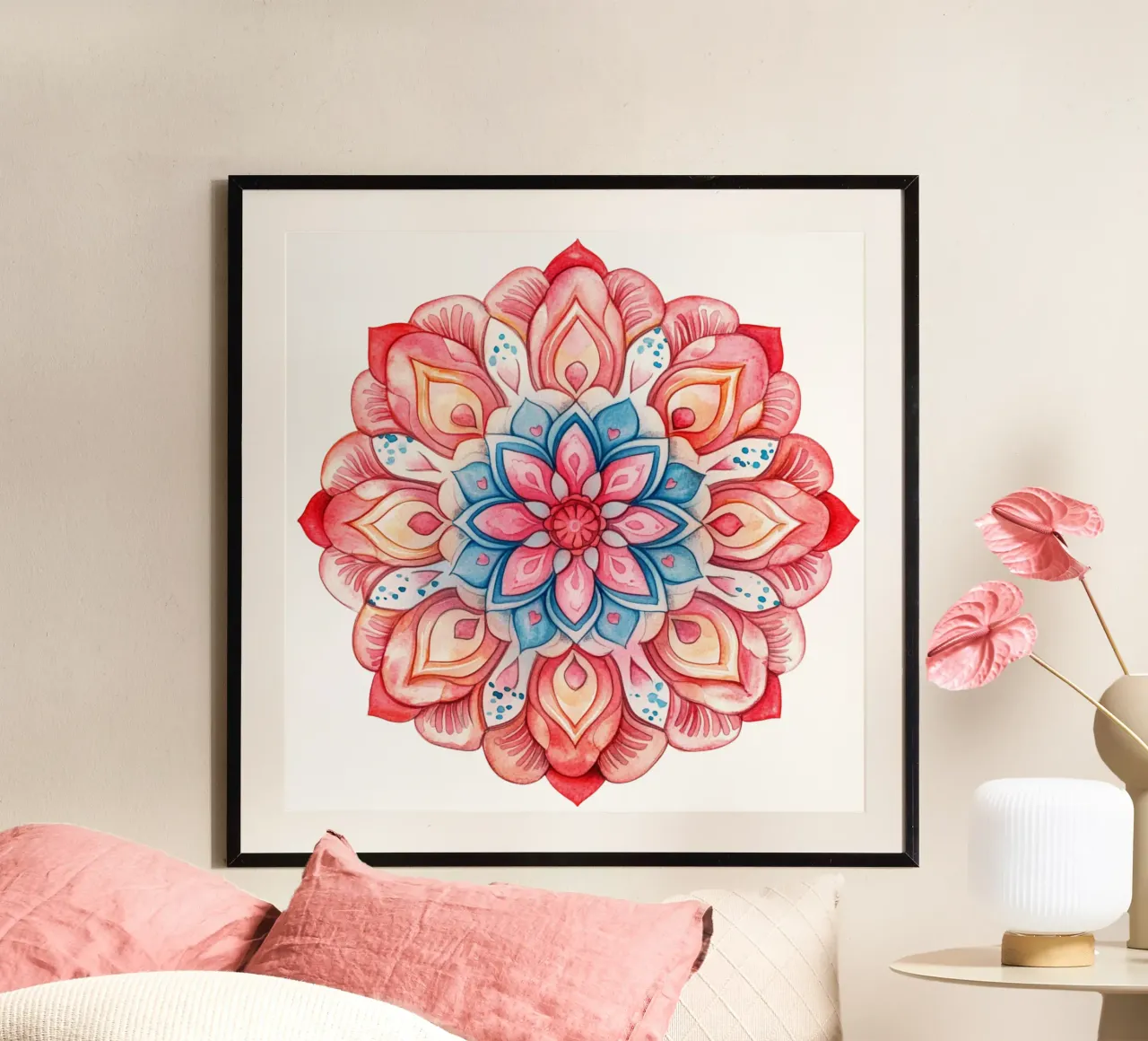 Mandala dell'amore ad acquerello poster con telaio in plastica da Spiritual Touch