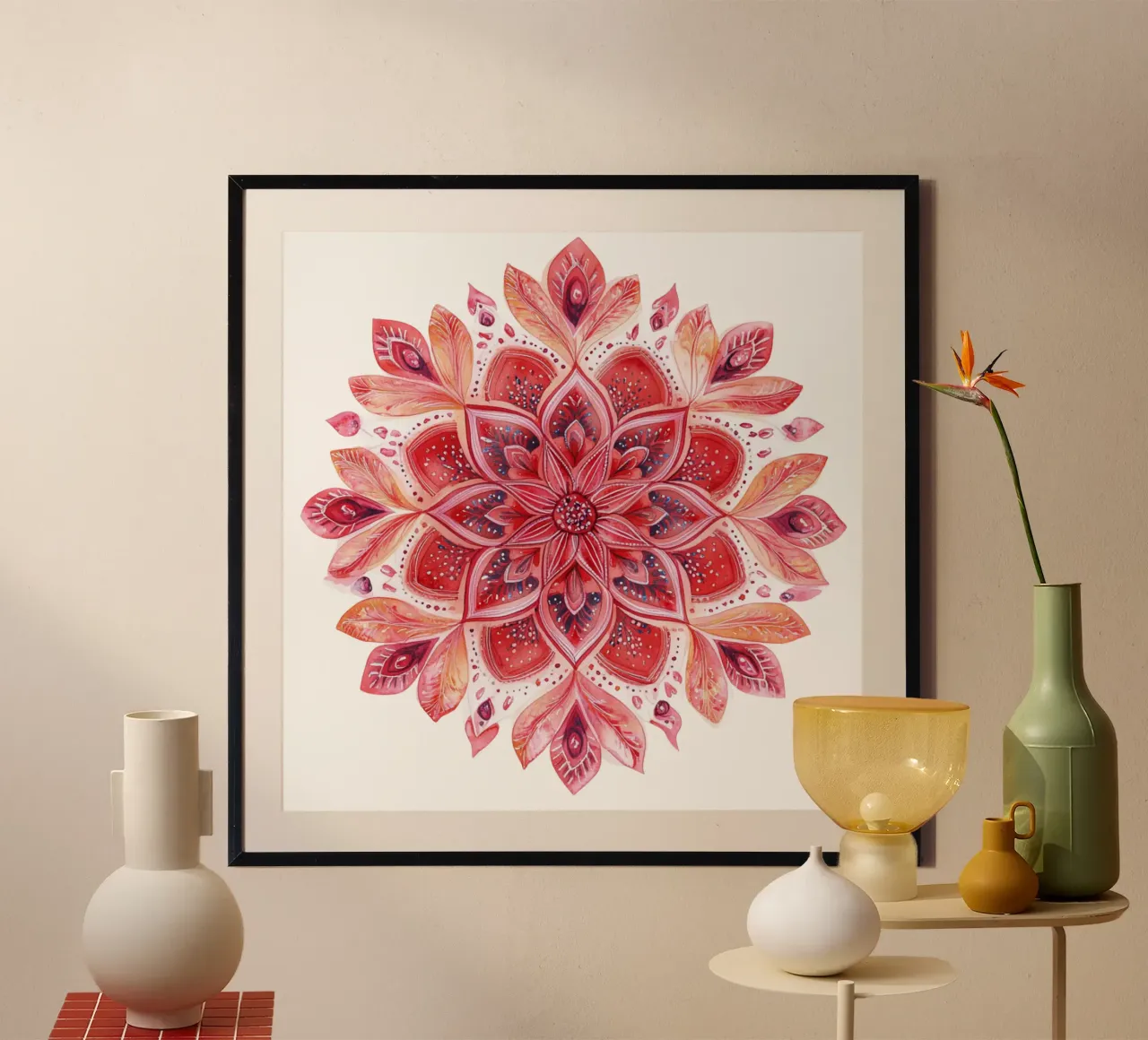 Mandala dell'amore ad acquerello poster con telaio in legno da Spiritual Touch