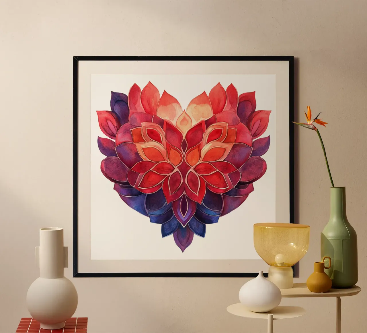 Mandala dell'amore ad acquerello poster con telaio in alluminio da Spiritual Touch