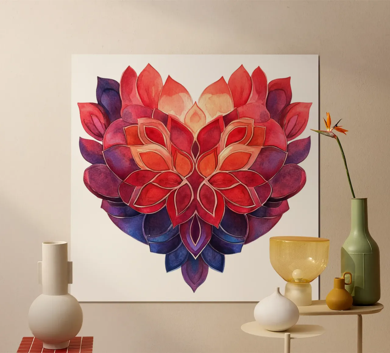 Mandala dell'amore ad acquerello poster con telaio in alluminio da Spiritual Touch