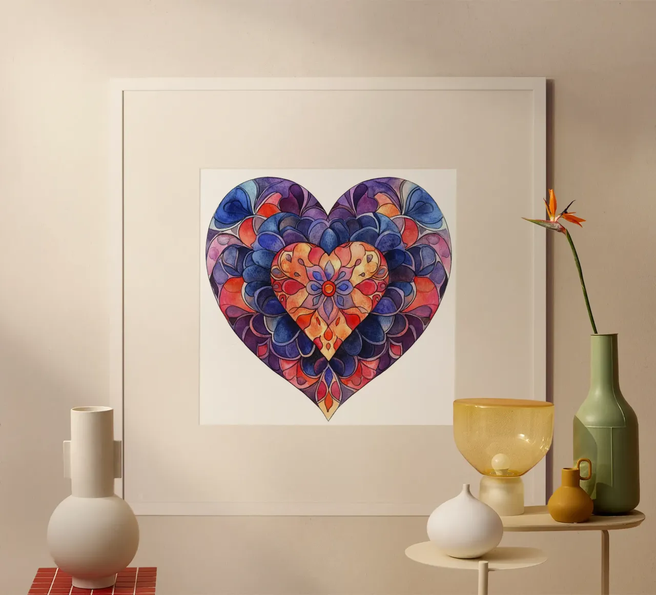 Mandala dell'amore ad acquerello poster con telaio in legno da Spiritual Touch