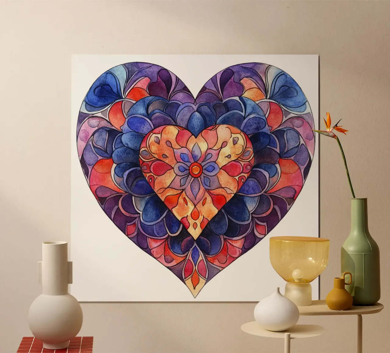 Mandala dell'amore ad acquerello poster con telaio in legno da Spiritual Touch