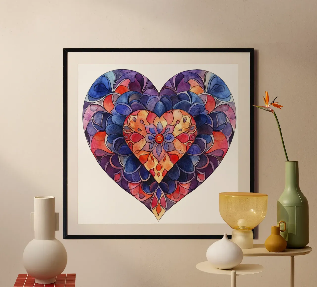 Mandala dell'amore ad acquerello poster con telaio in legno da Spiritual Touch