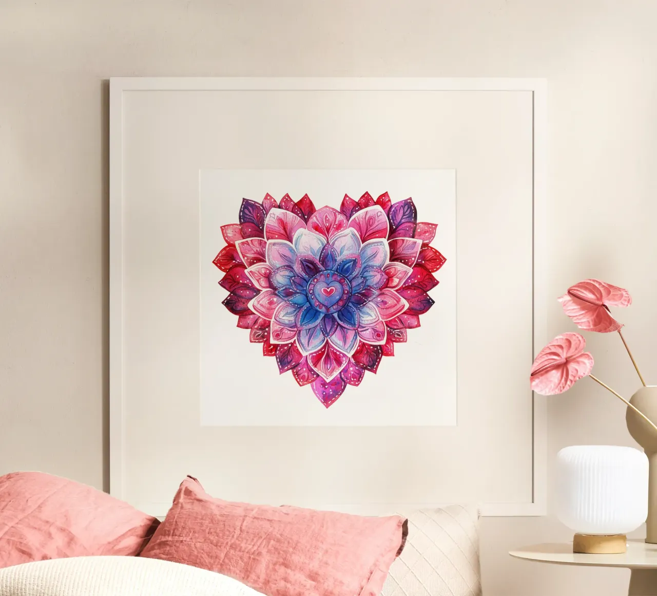 Mandala dell'amore ad acquerello poster con telaio in plastica da Spiritual Touch