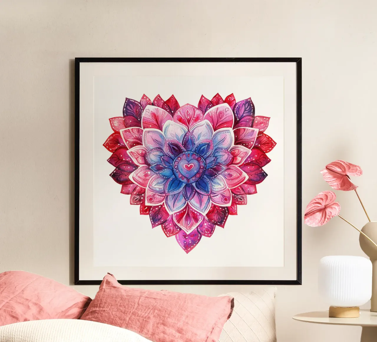 Mandala dell'amore ad acquerello poster con telaio in plastica da Spiritual Touch