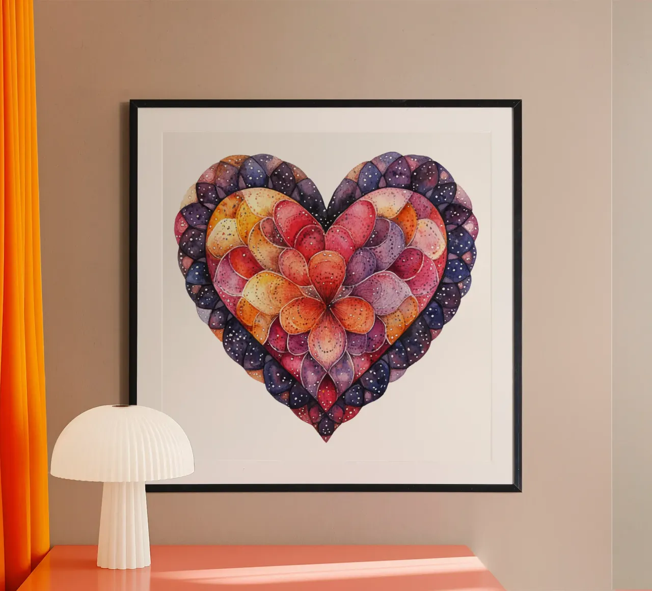 Mandala dell'amore ad acquerello poster con telaio in plastica da Spiritual Touch
