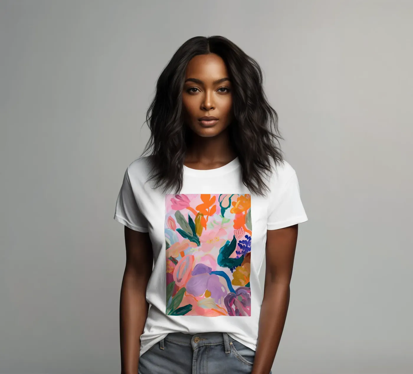 Impression d'art abstrait coloré de fleurs, œuvres d'art abstraites florales t-shirt ajusté pour femmes de Boheme