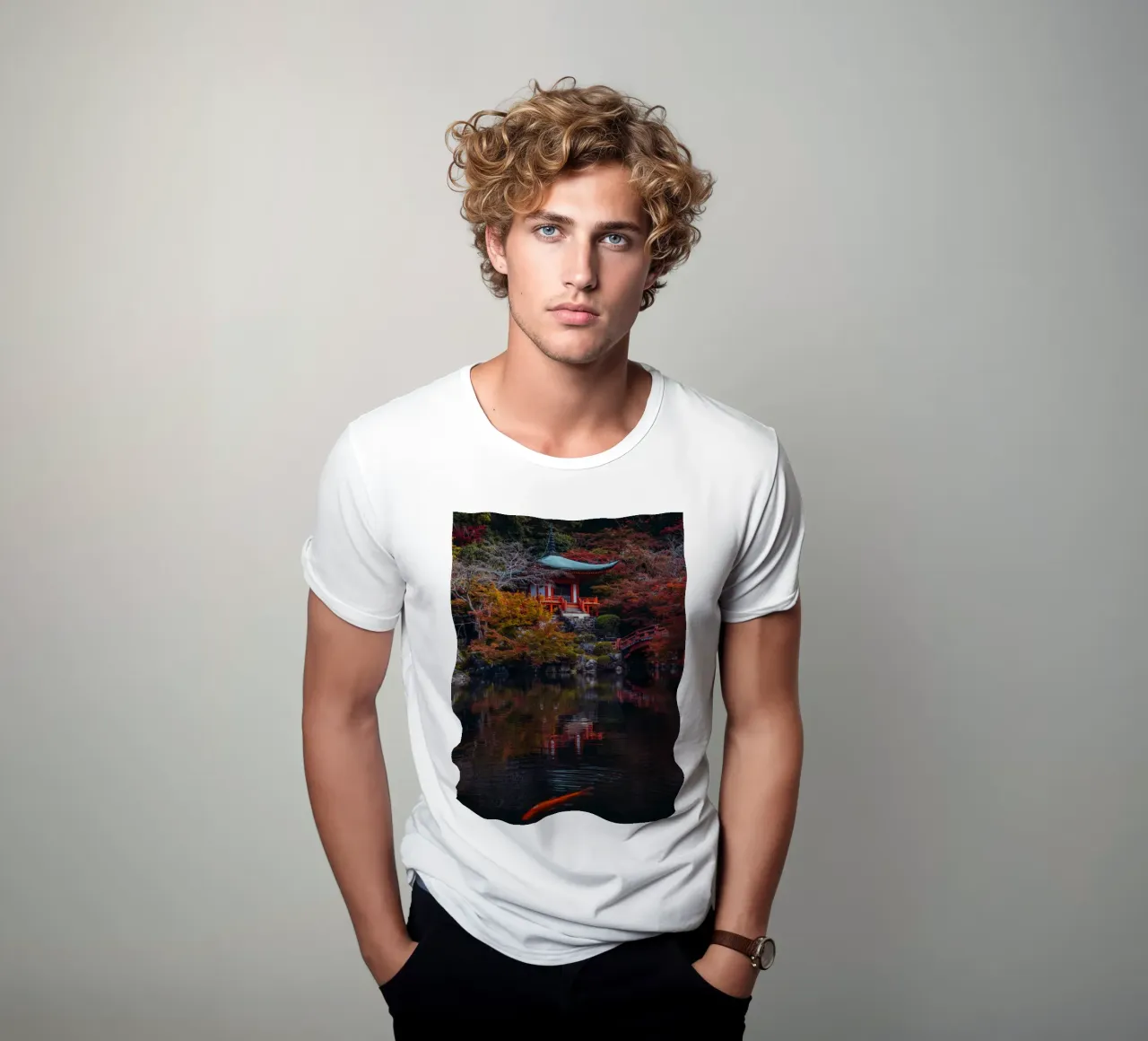 Lo stagno del tempio giapponese in autunno a Kyoto t-shirt da Marcel Bisig