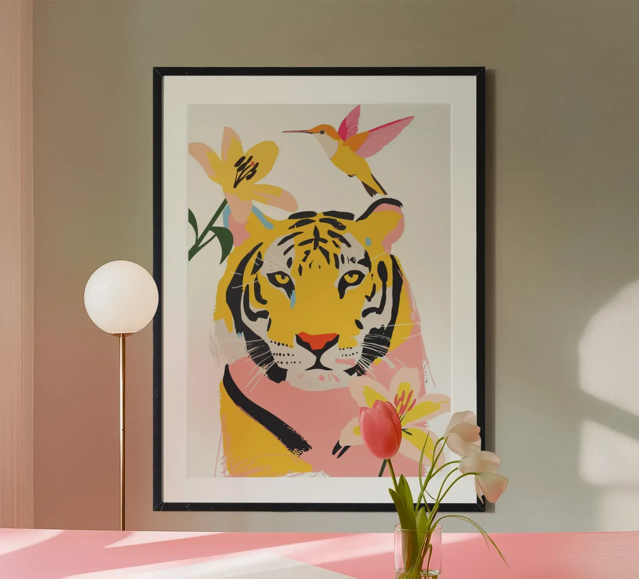 tiger surrounded by flowers poster con telaio in legno da ramosashop