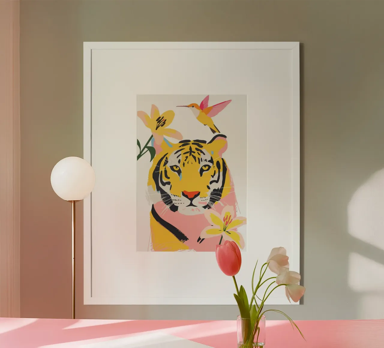 tiger surrounded by flowers poster con telaio in legno da ramosashop