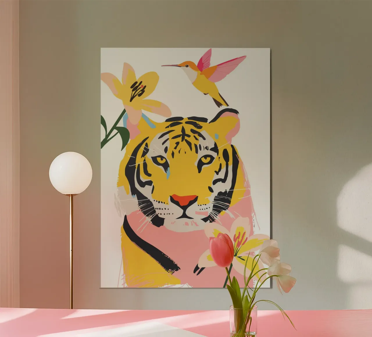 tiger surrounded by flowers poster con telaio in legno da ramosashop