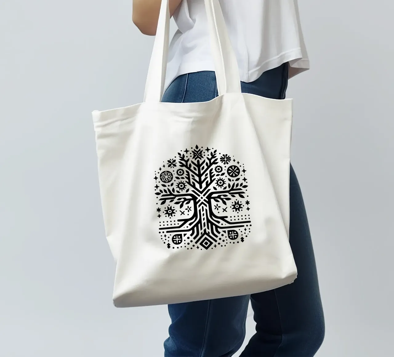 Albero della vita in bianco e nero borsa in juta da Spiritual Touch