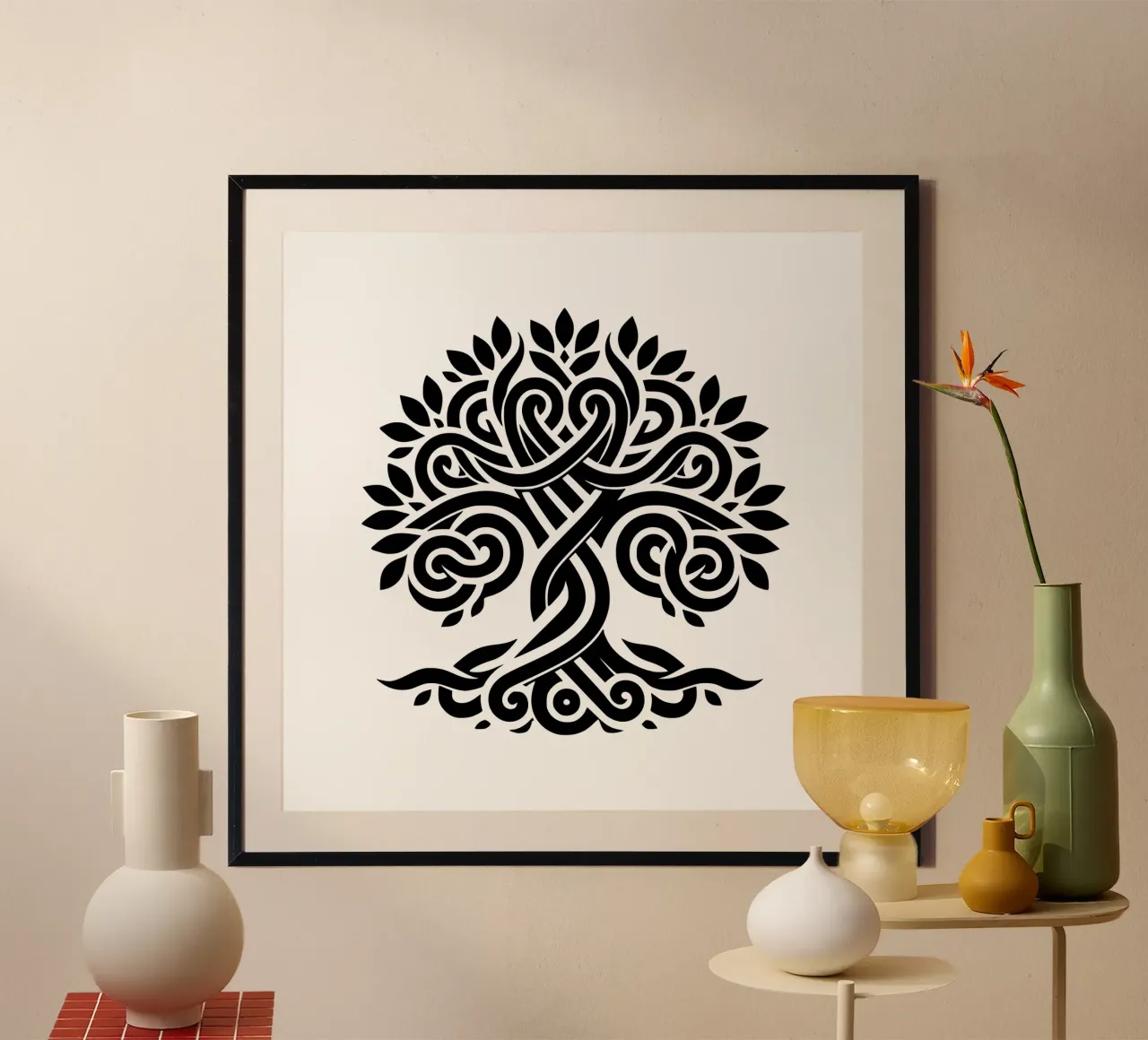 Albero della vita in bianco e nero poster con telaio in plastica da Spiritual Touch