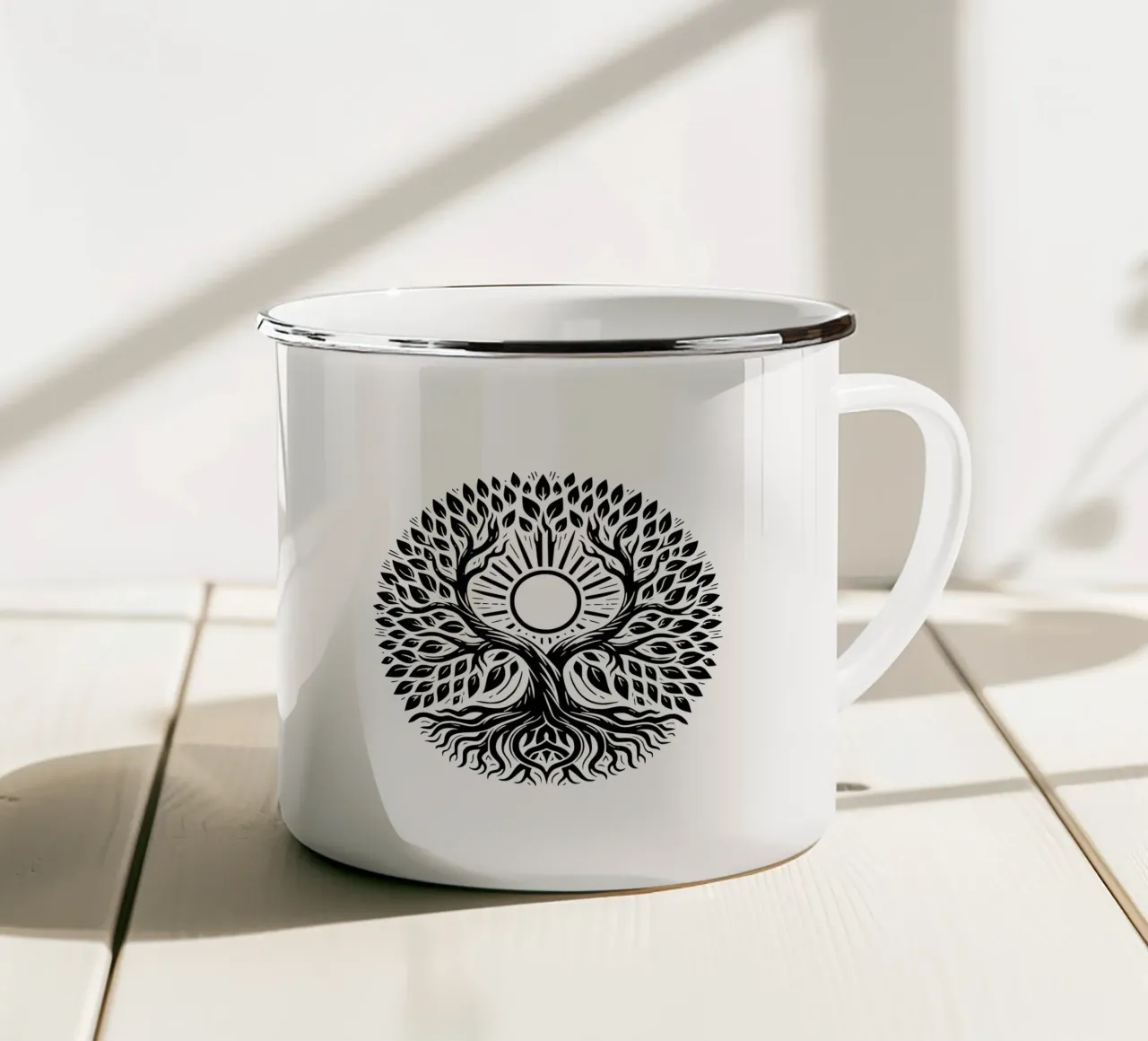 Albero della vita in bianco e nero tazza in smalto da Spiritual Touch
