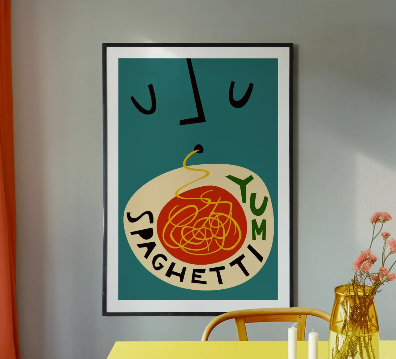 Yum Spaghetti poster con telaio in legno da Fox & Velvet