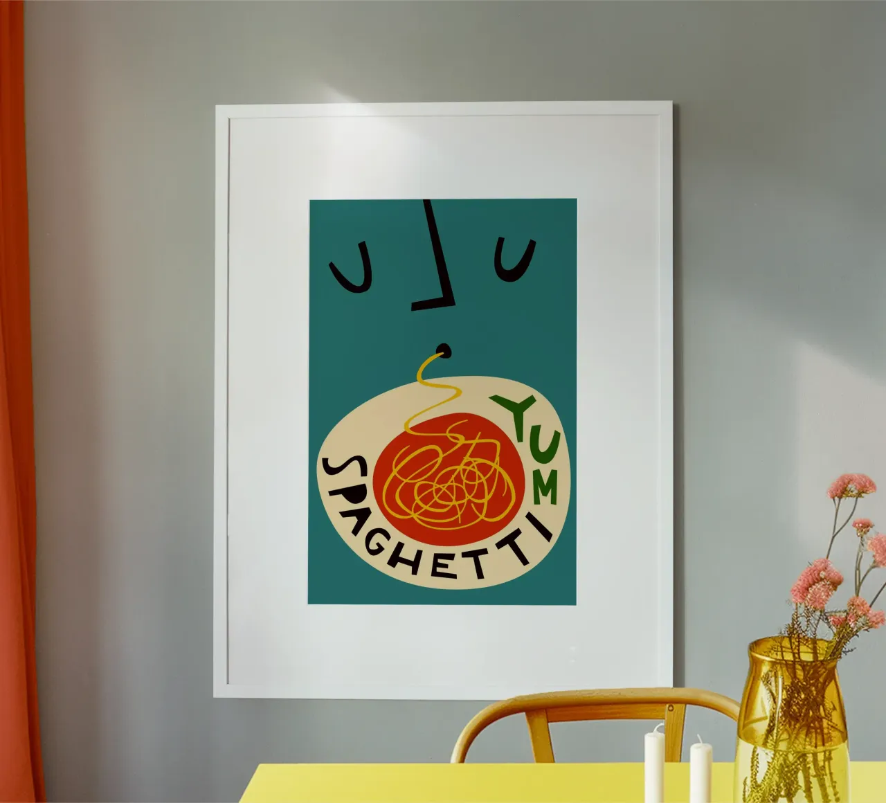 Yum Spaghetti poster con telaio in legno da Fox & Velvet