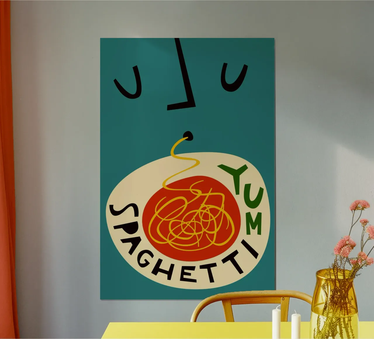Yum Spaghetti poster con telaio in legno da Fox & Velvet
