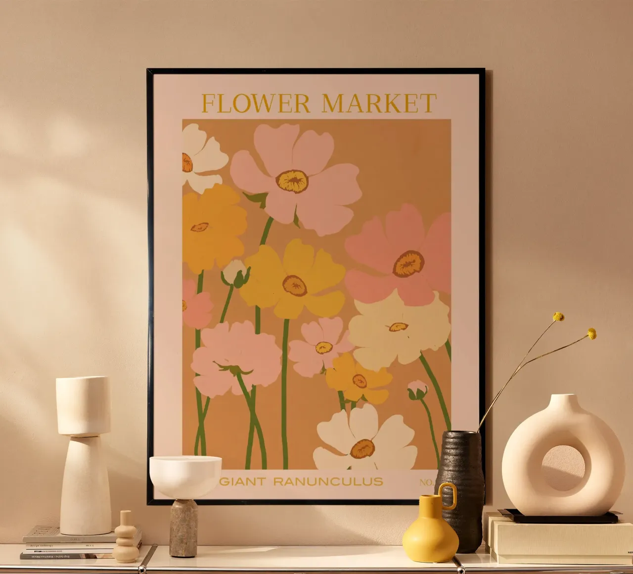 Mercato dei fiori - Ranuncoli poster con telaio in legno da Gale Switzer