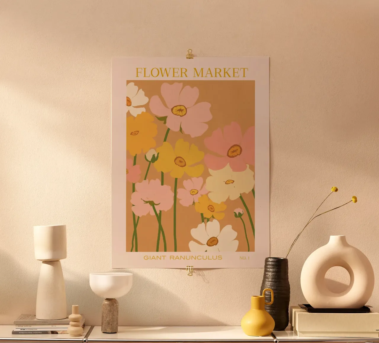 Mercato dei fiori - Ranuncoli poster con telaio in legno da Gale Switzer