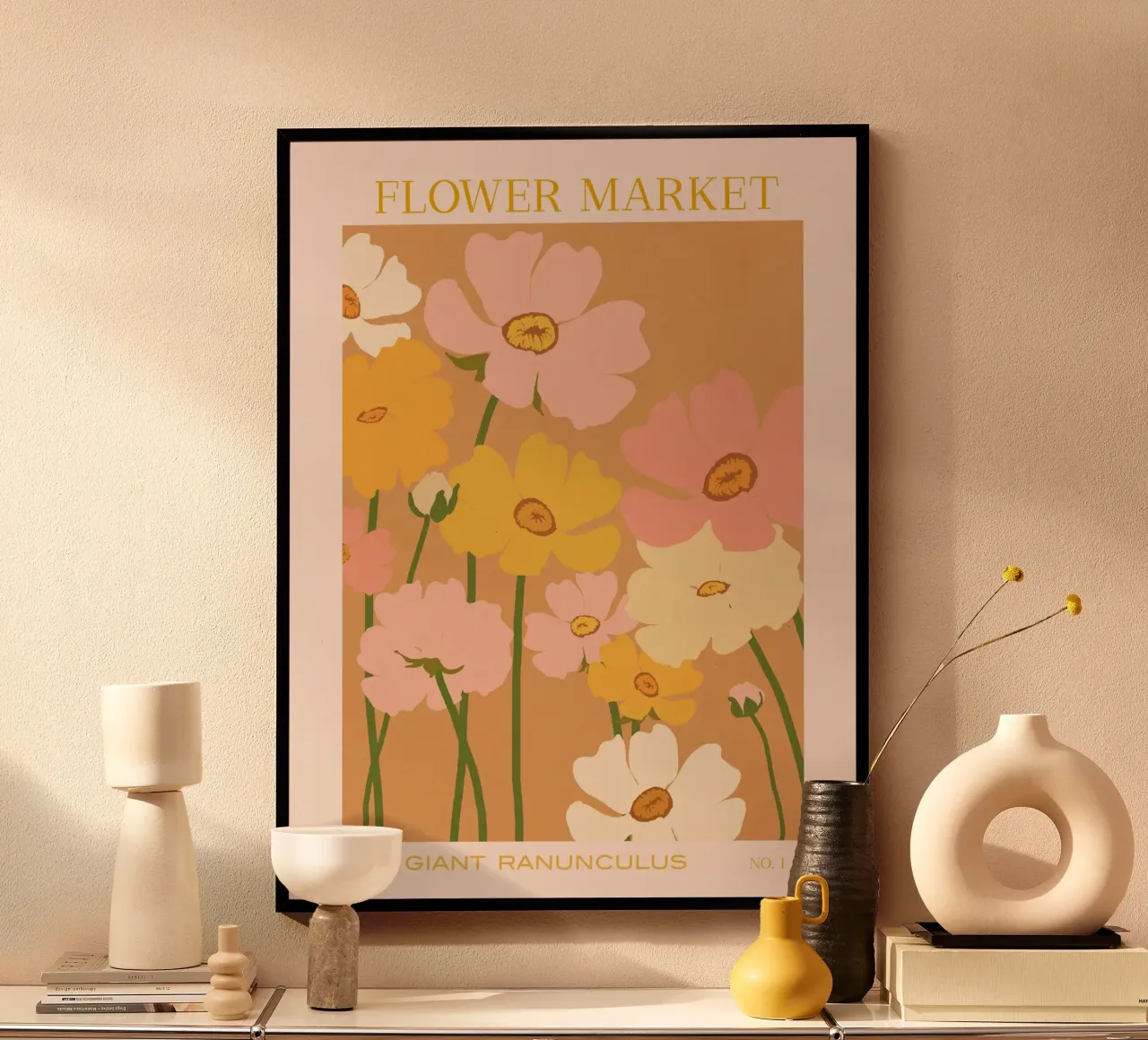 Mercato dei fiori - Ranuncoli poster con telaio in legno da Gale Switzer