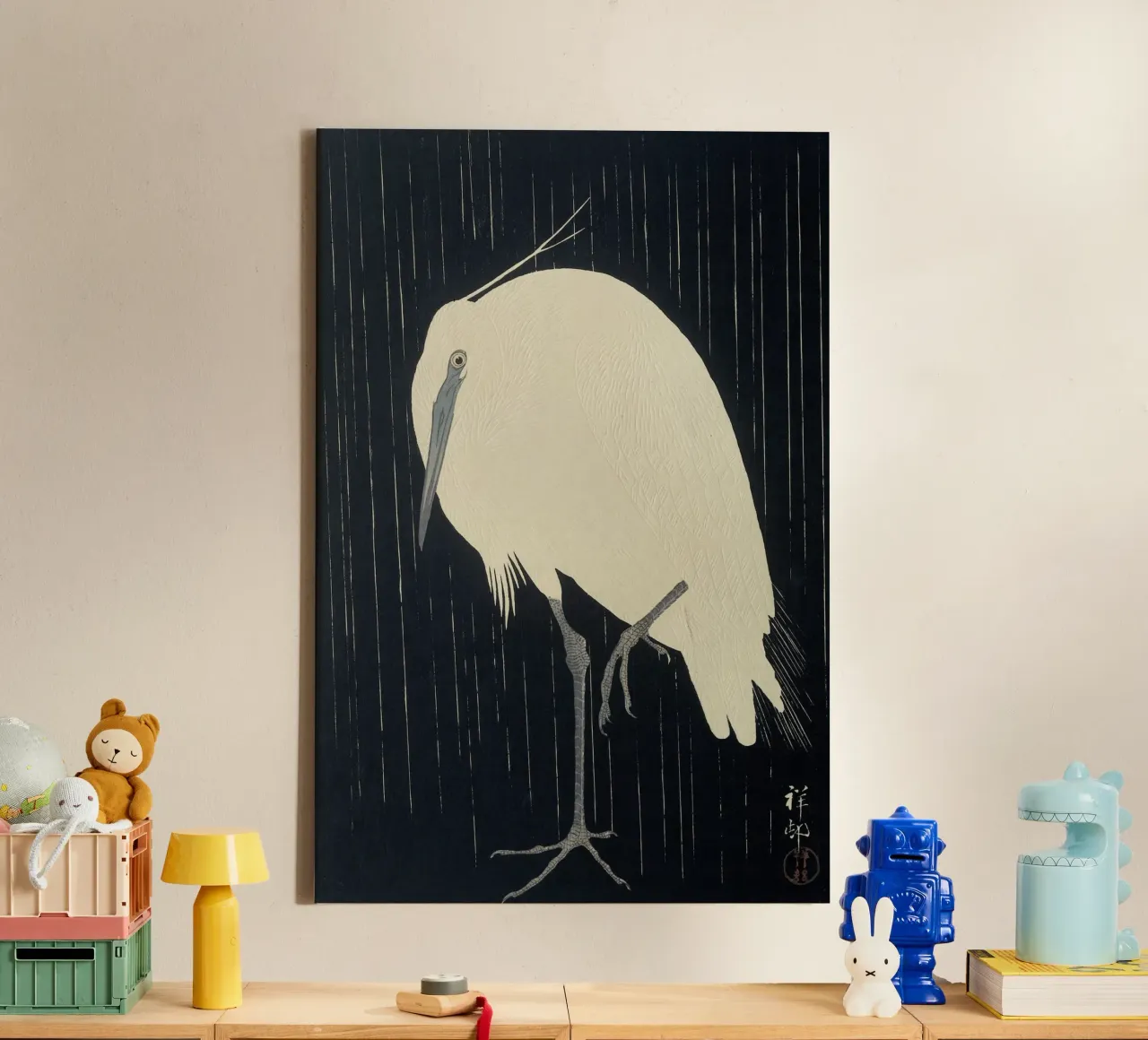 Reiger in de regen - Ohara Koson canvas met Baklijst van William Store