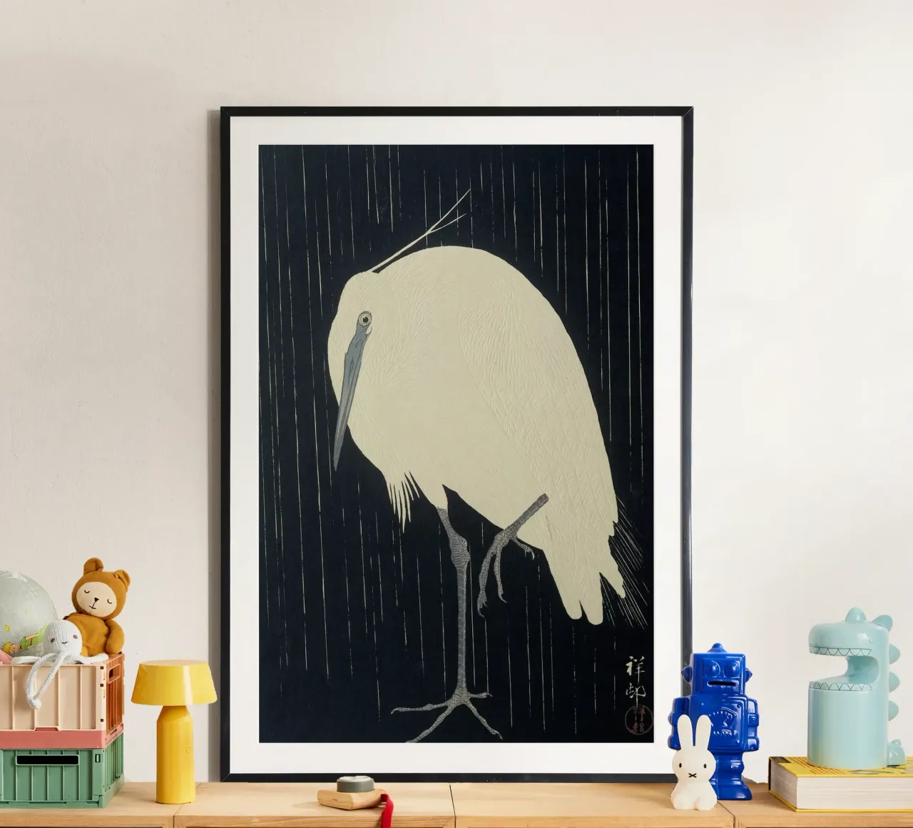 Egretta sotto la pioggia - Ohara Koson poster con telaio in alluminio da William Store