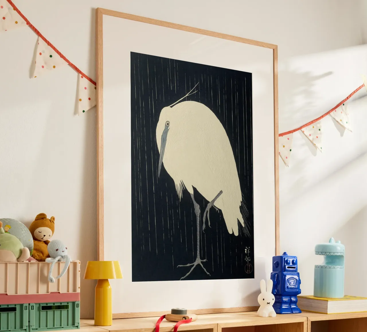Egretta sotto la pioggia - Ohara Koson poster con telaio in alluminio da William Store
