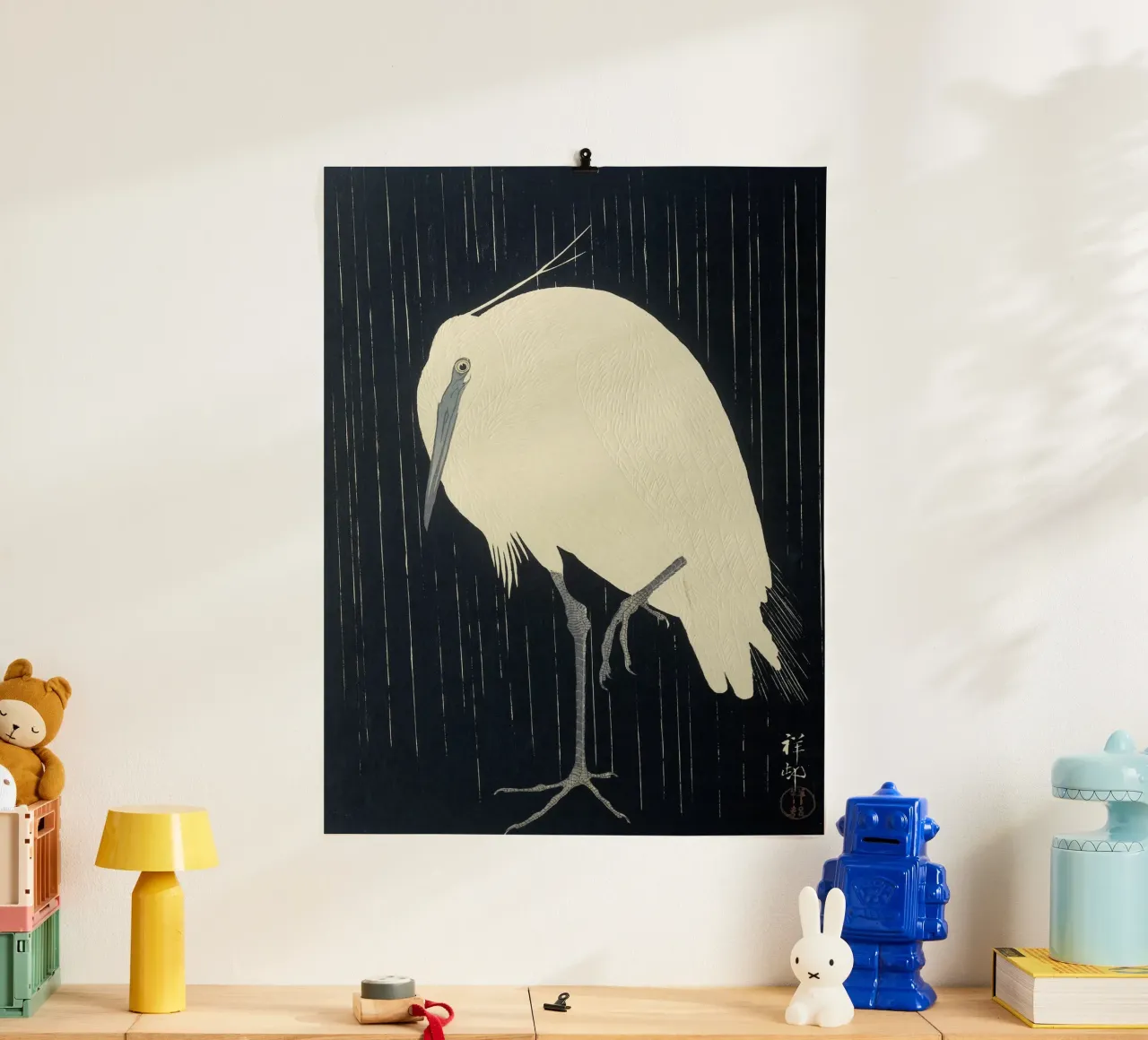 Egretta sotto la pioggia - Ohara Koson poster con telaio in alluminio da William Store