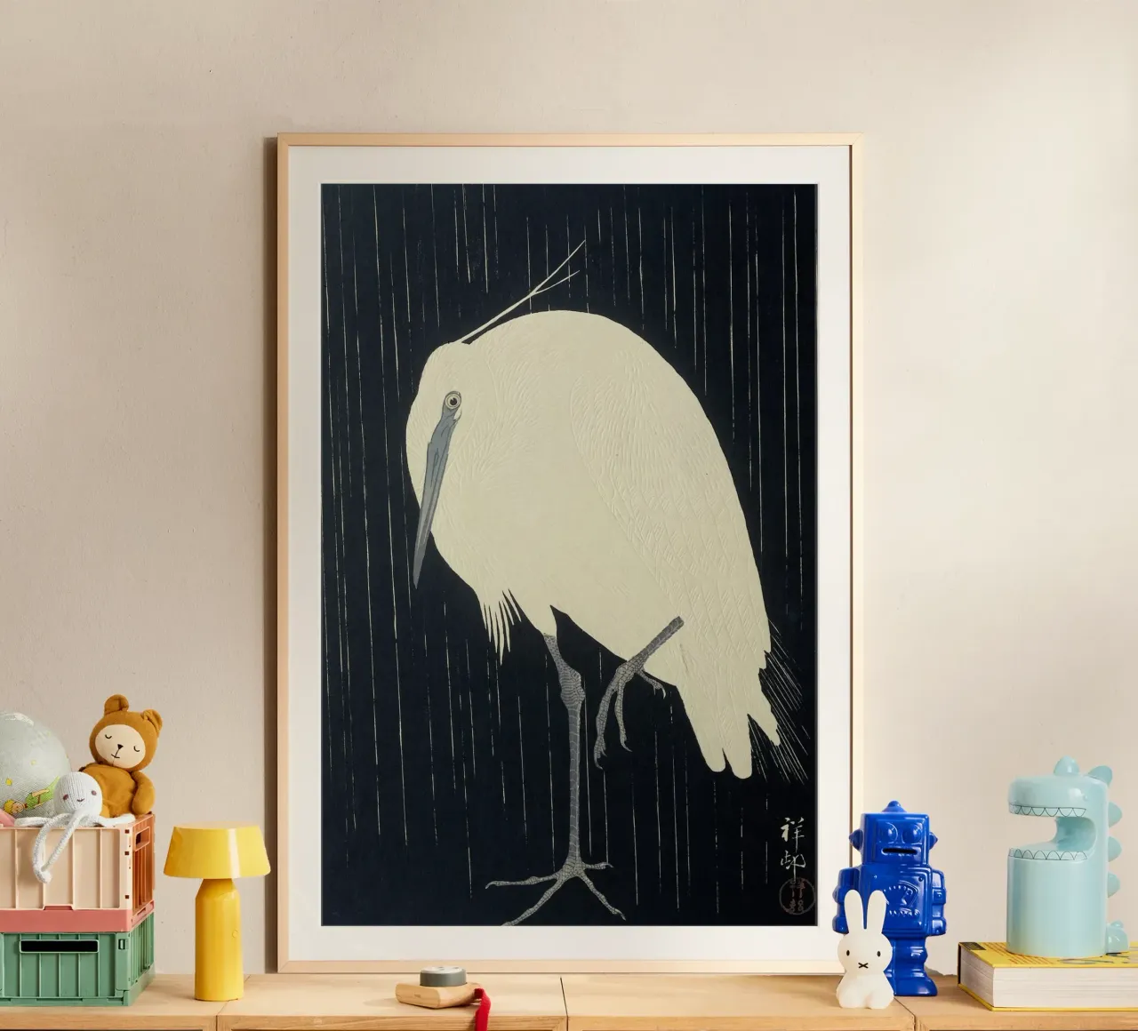 Egretta sotto la pioggia - Ohara Koson poster con telaio in alluminio da William Store