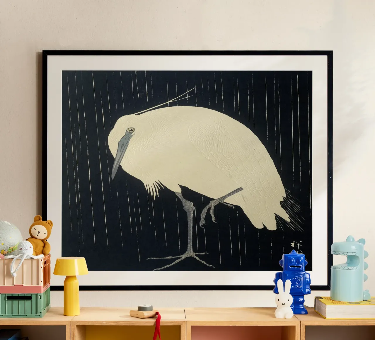 Egretta sotto la pioggia - Ohara Koson poster con telaio in alluminio da William Store