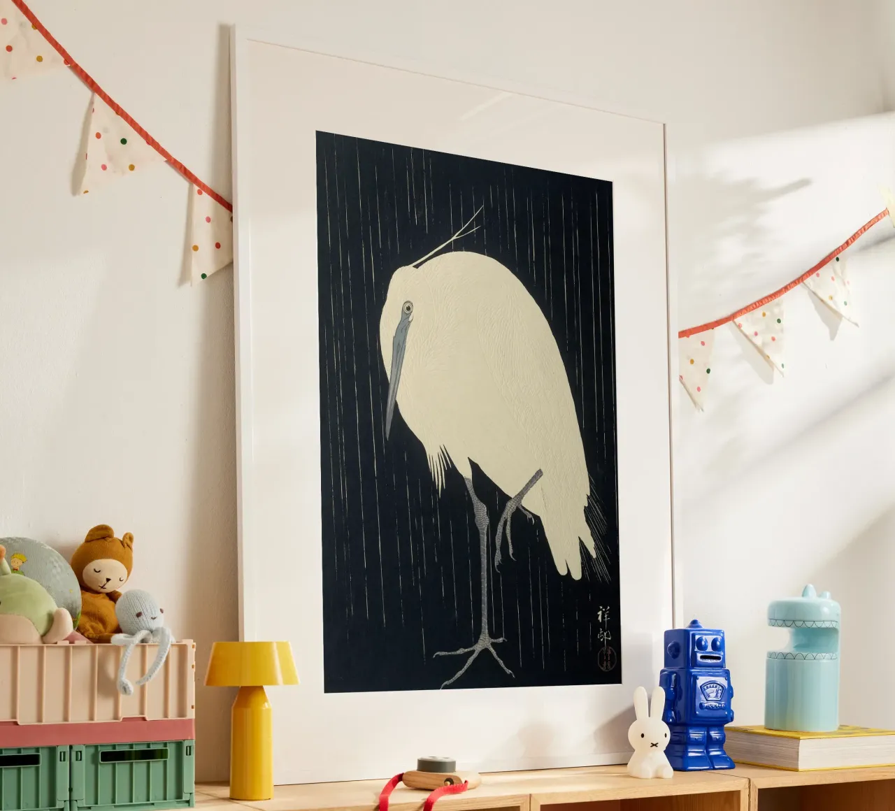 Egretta sotto la pioggia - Ohara Koson poster con telaio in alluminio da William Store