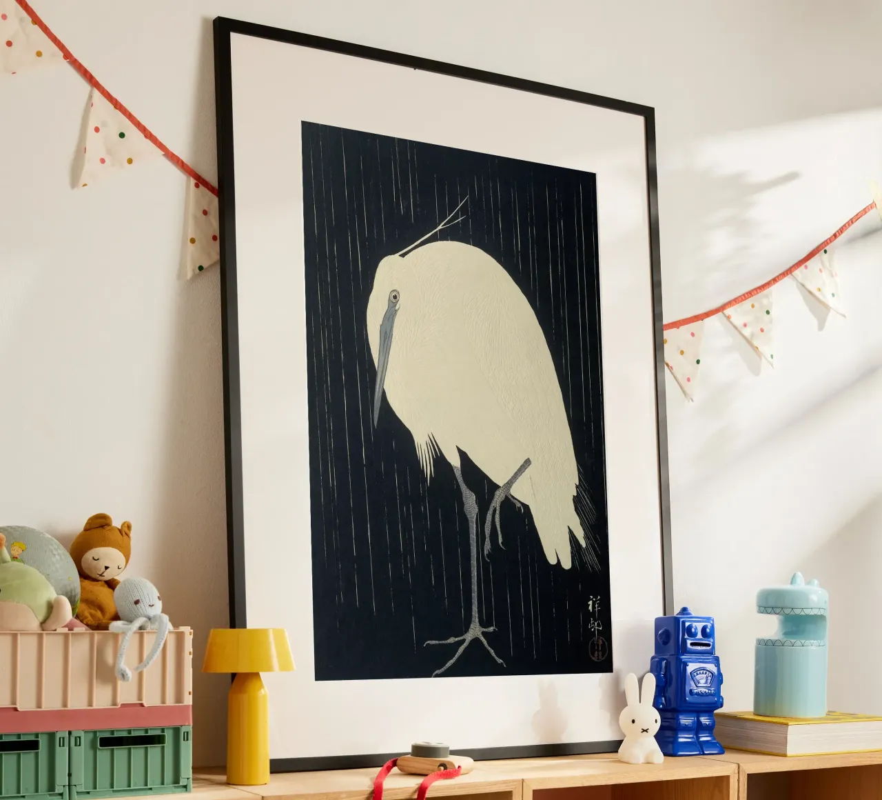 Egretta sotto la pioggia - Ohara Koson poster con telaio in alluminio da William Store