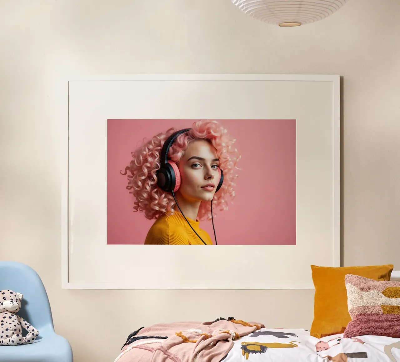 Giovane donna con capelli ricci rosa che ascolta la musica poster con telaio in plastica da Lisa Artifexia