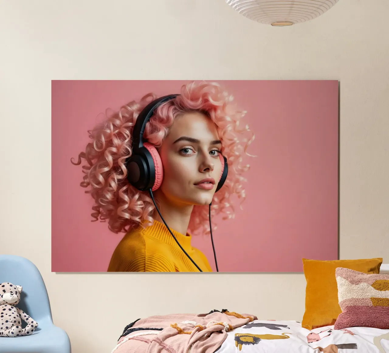 Giovane donna con capelli ricci rosa che ascolta la musica poster con telaio in plastica da Lisa Artifexia