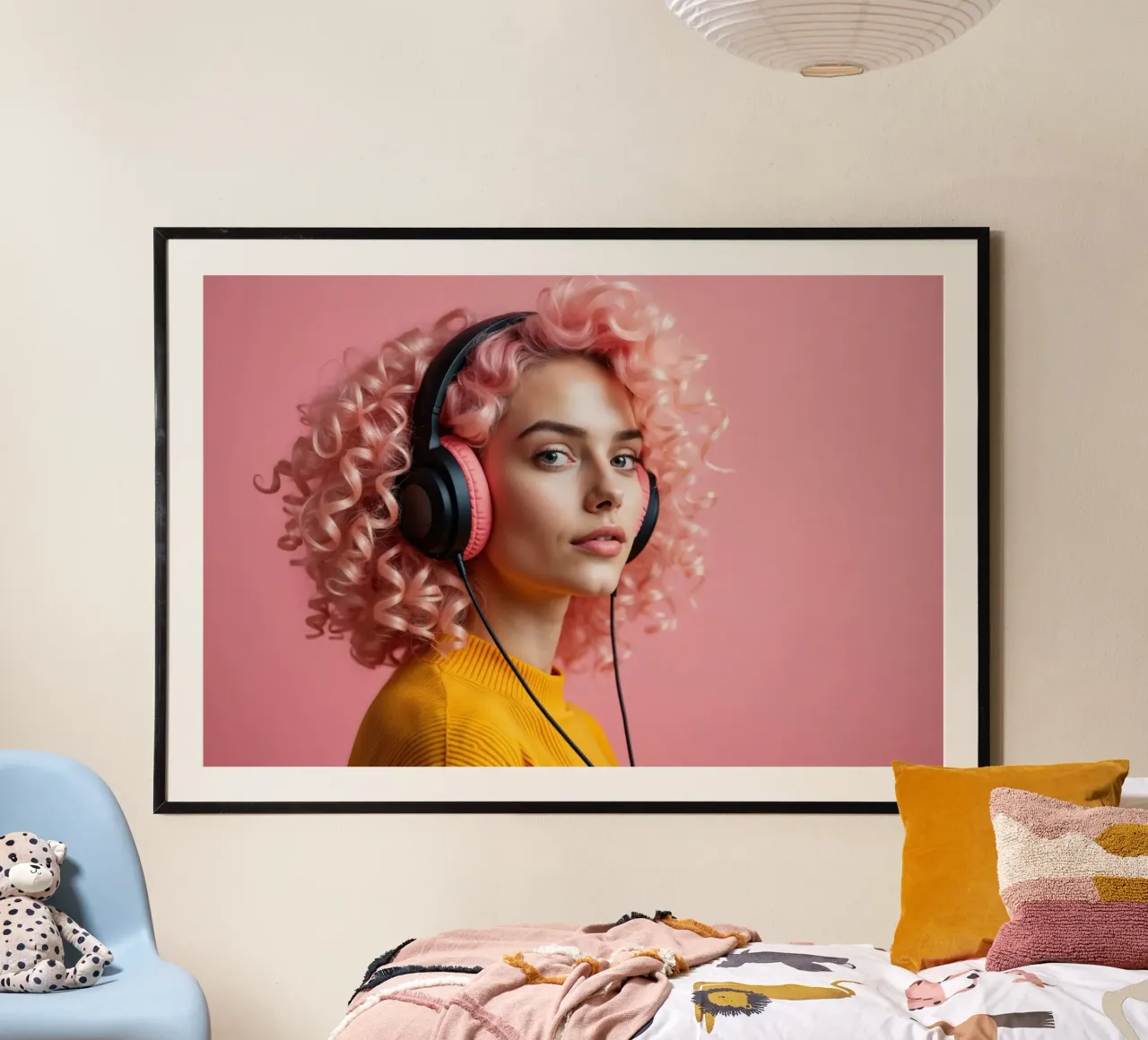 Giovane donna con capelli ricci rosa che ascolta la musica poster con telaio in plastica da Lisa Artifexia