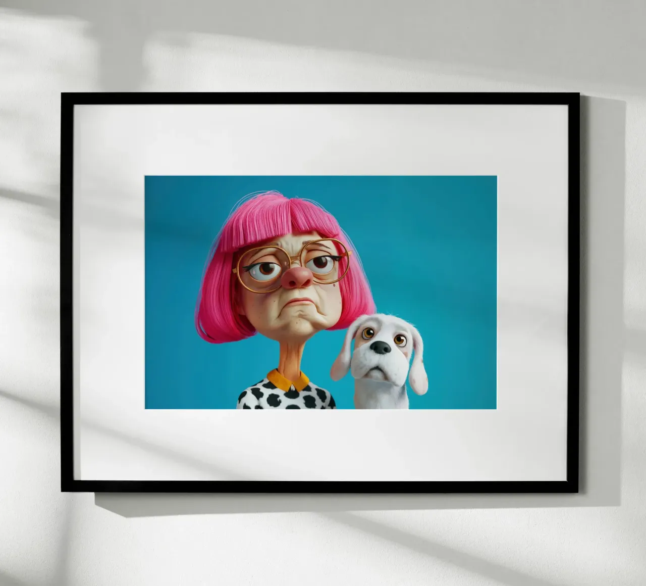 Donna e cane brontoloni poster con telaio in plastica da Lisa Artifexia