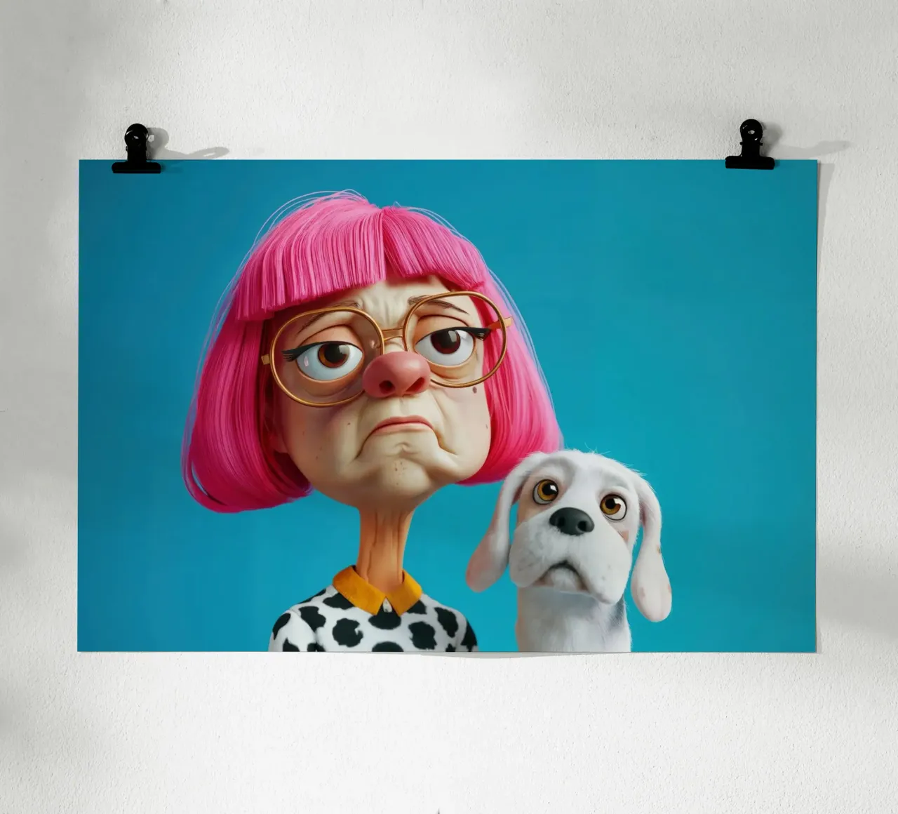 Donna e cane brontoloni poster con telaio in plastica da Lisa Artifexia